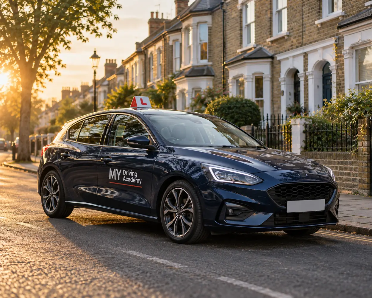 A blue car with an MY Driving Academy L-plate parked on a sunlit residential street